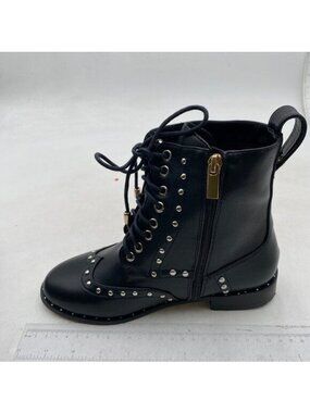Black Studded Block Low Heel Lace-up Side Zipper Round Toe Combat Ankle Boots